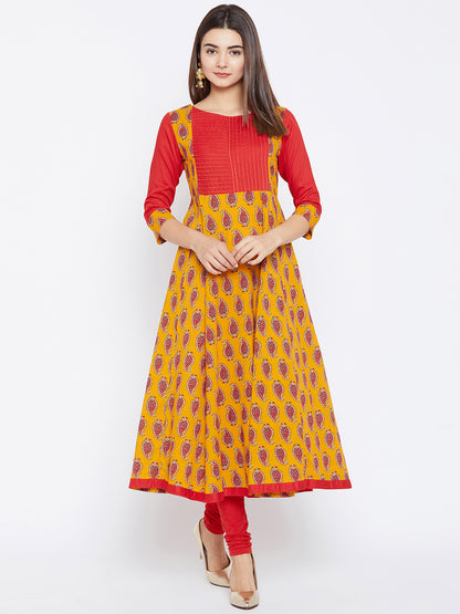 Women's Yellow And Red Paisely Printed Anarkali Ankle Length Kurta
