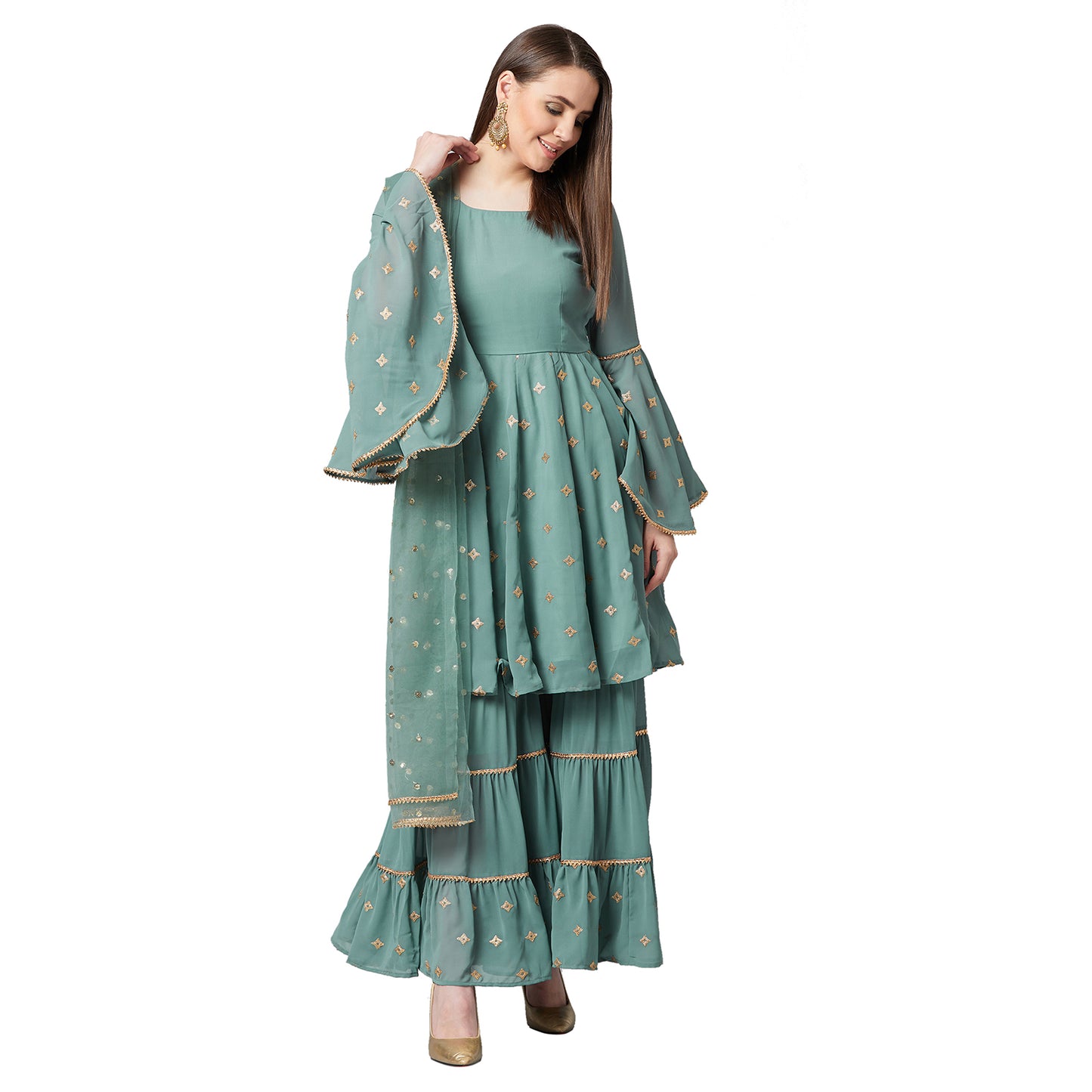 Women Sea Green & Gold Self Design Kurta with Sharara & Dupatta