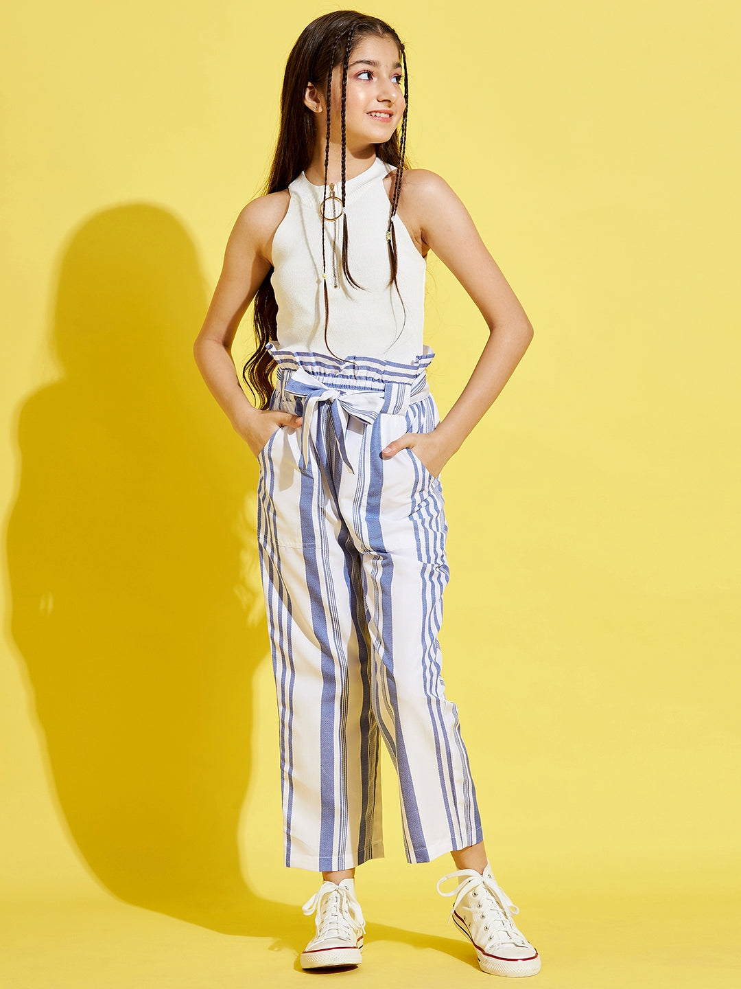 Girls White and Blue Striped  Peg Trouser