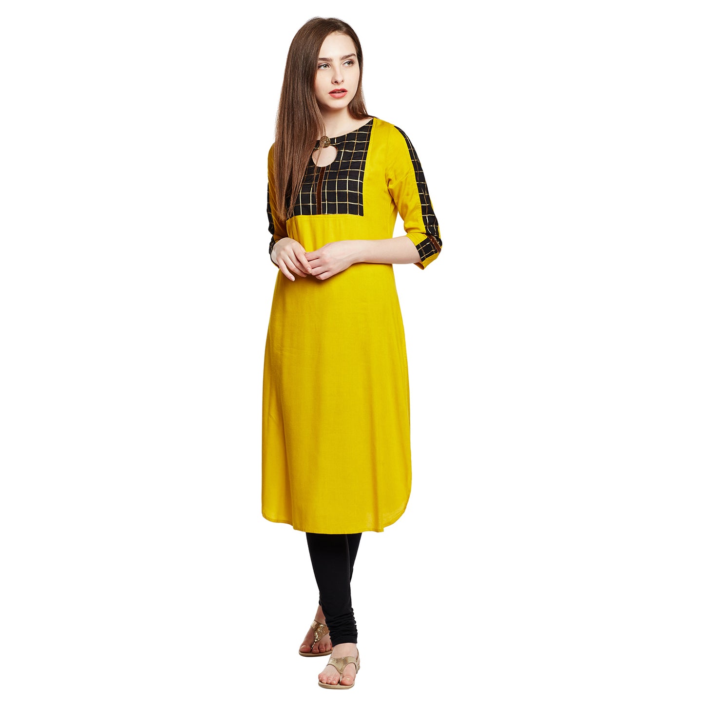 Mustard Color Kurta With Checkered Yoke