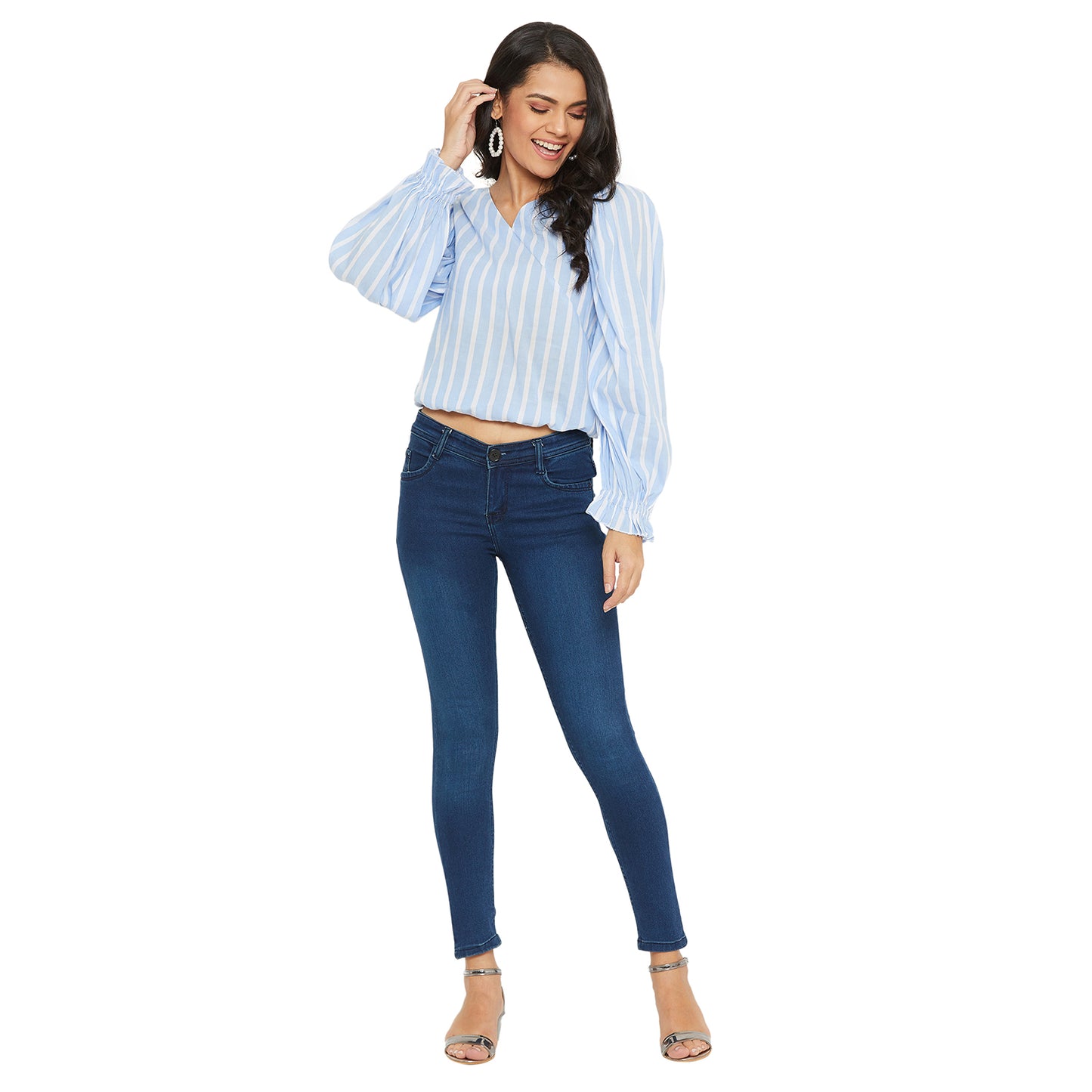 Ice Blue And white Stripe Top with gather sleeve and waist elastic