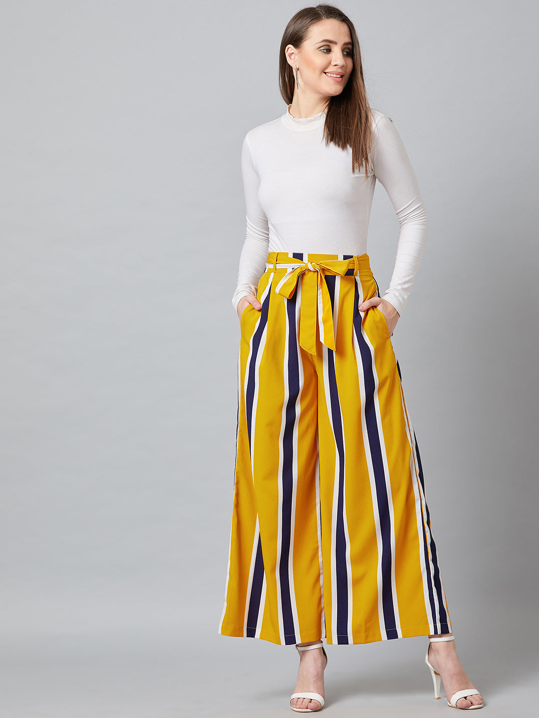 PANIT Women Yellow & Blue Relaxed Loose Fit Striped Trouser