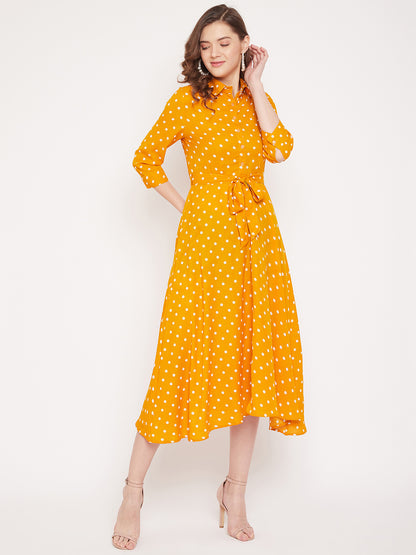 Women Mustard Yellow Printed A-Line Dress