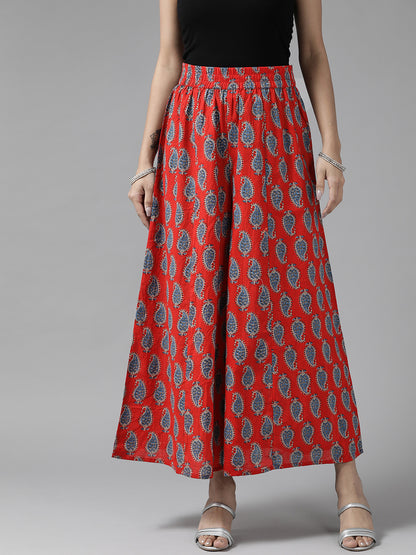 Women Red & Blue Paisley Printed Cotton Palazzos