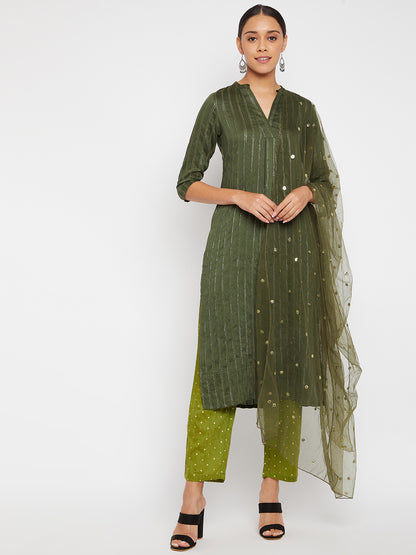 Women Green Striped Kurta with Trousers and Dupatta