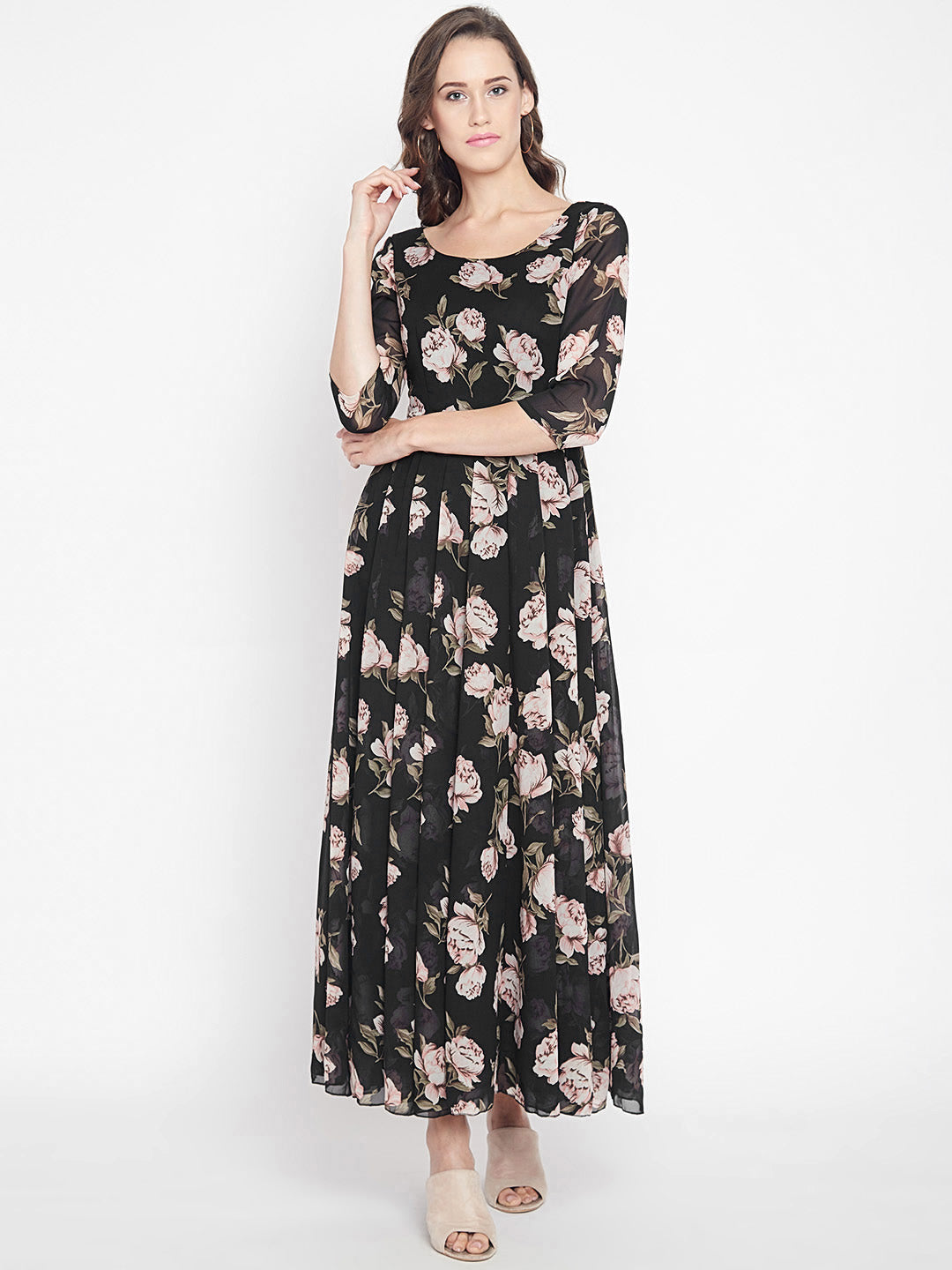 Women's Black Multi colour Rose Floral print Maxi dress