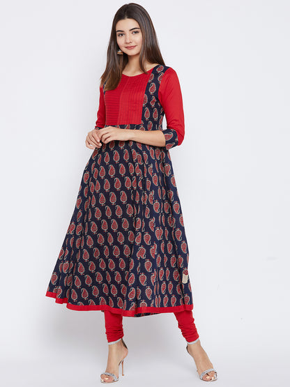 Women's Navy Blue And Red Paisely Printed Anarkali Ankle Length Kurta