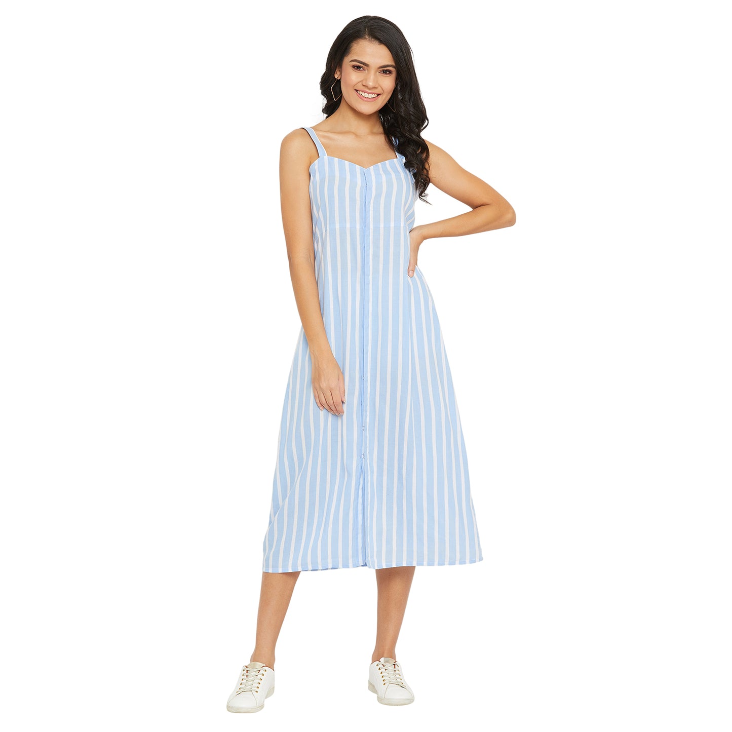 Women Blue and White Stripe Fit and Flare Midi Dress