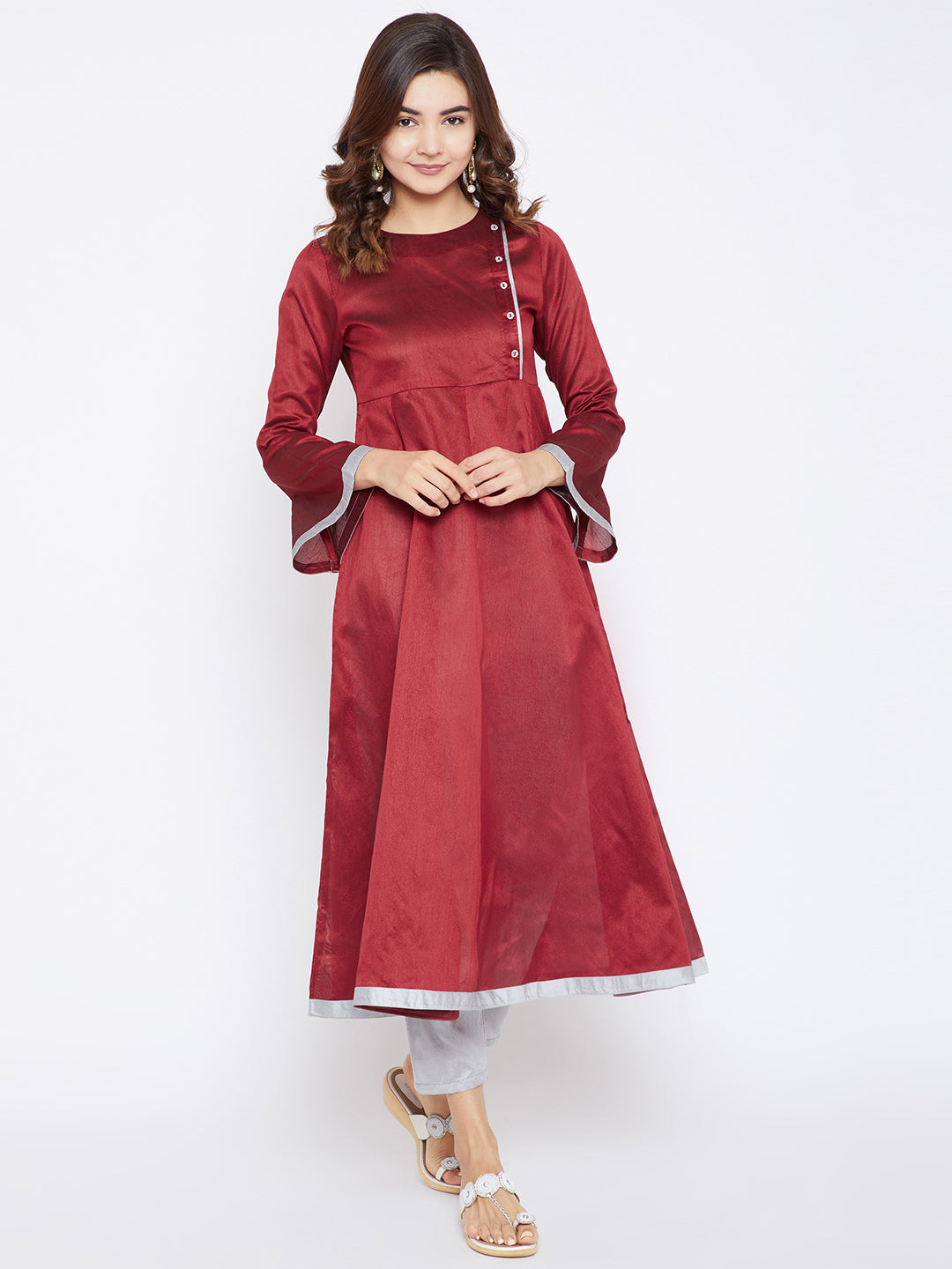 Women's Maroon And Silver Color Anarkali Ankle Length Kurta