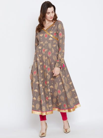 Women's Grey And Pink Color ,Gold Foile Printed Anarkali Ankle Length Kurta