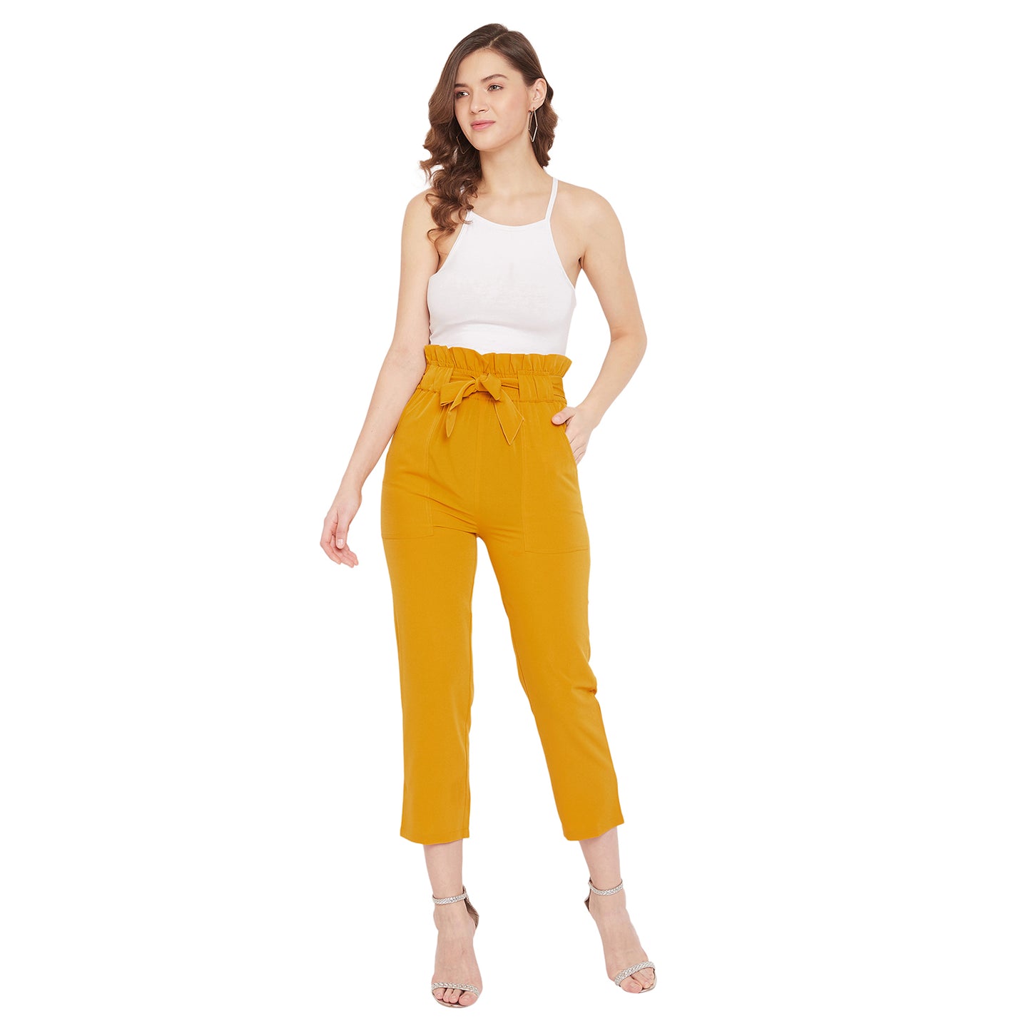 Wome Mustard Solid Crepe Cigarette Trouser