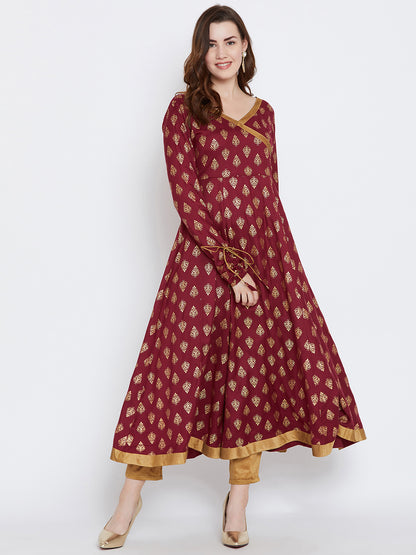 Women's Maroon Color And Gold Foile Printed Anarkali Ankle Length Kurta