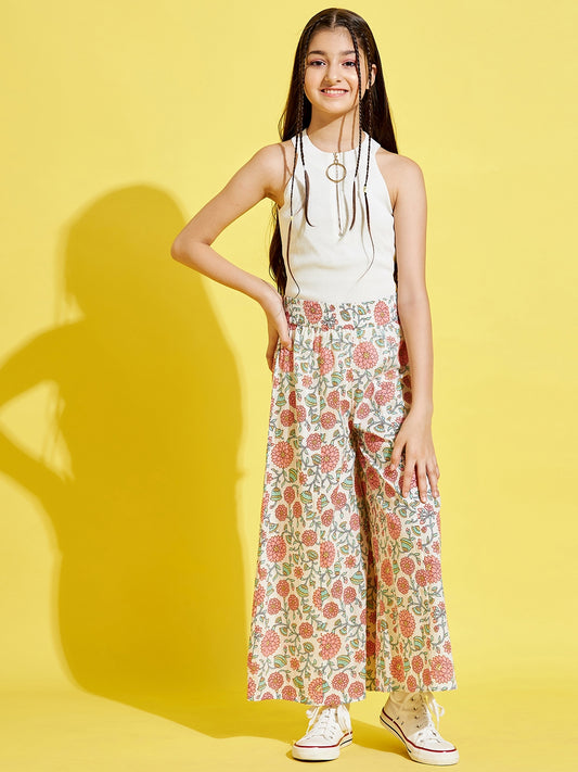 Girls White Floral Printed Relaxed Cotton Trousers