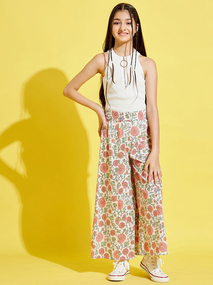 Girls White Floral Printed Relaxed Cotton Trousers