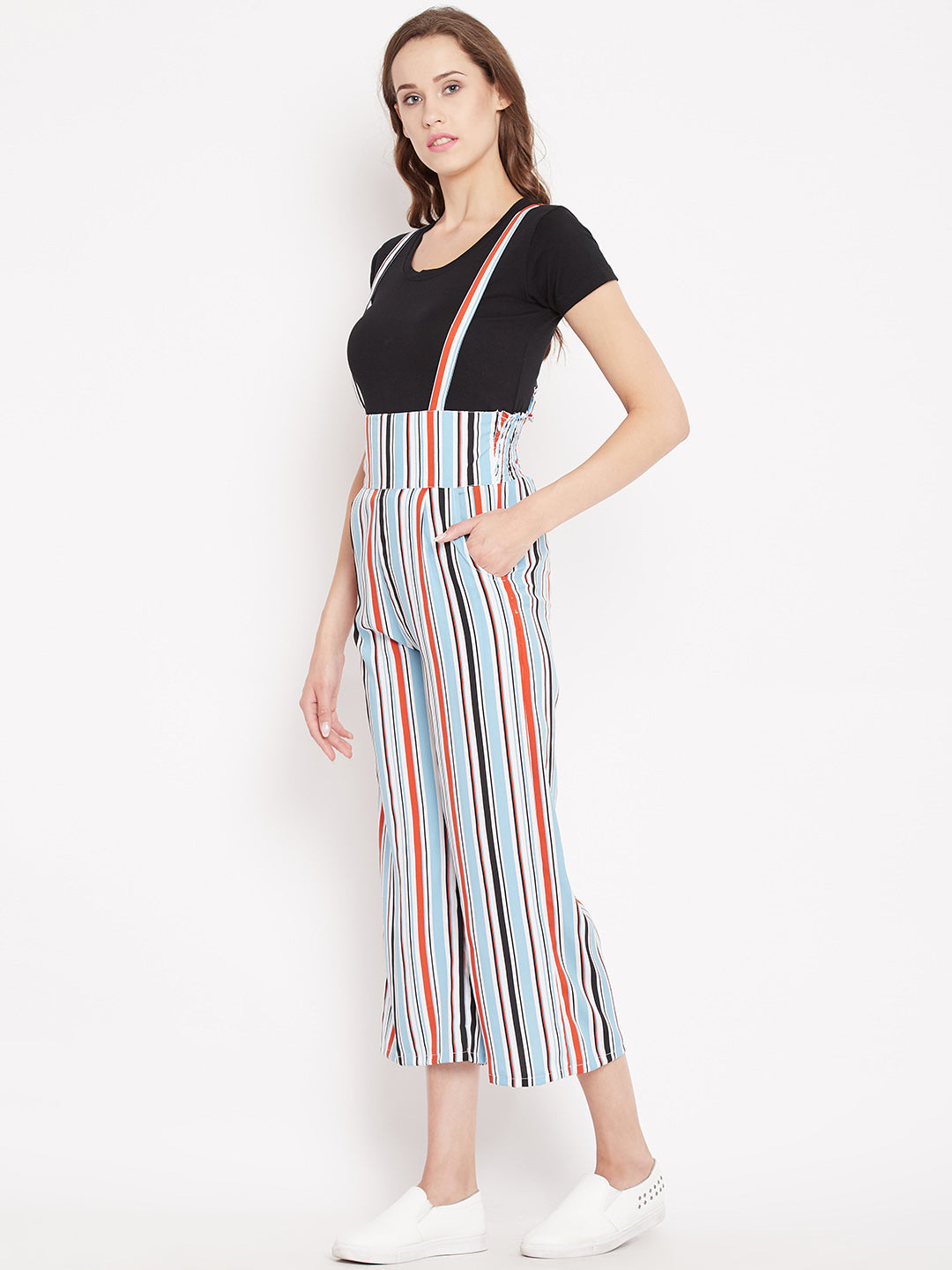 Women's white based multicolour stripes print mid length culotte