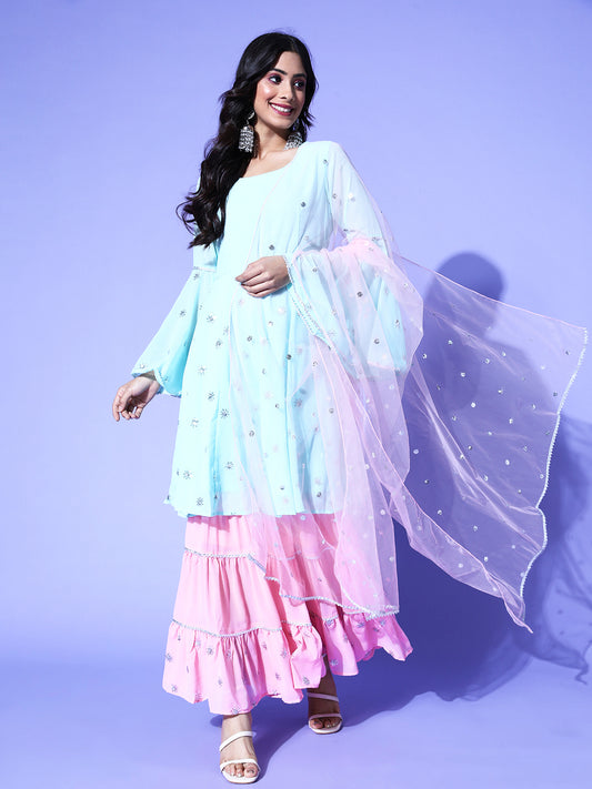 Embroidered baby blue kurta and baby pink sharara with matching embroidered dupatta