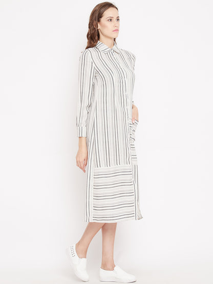 Women's Ivory grey strip weaved Shirt Dress with Pocket