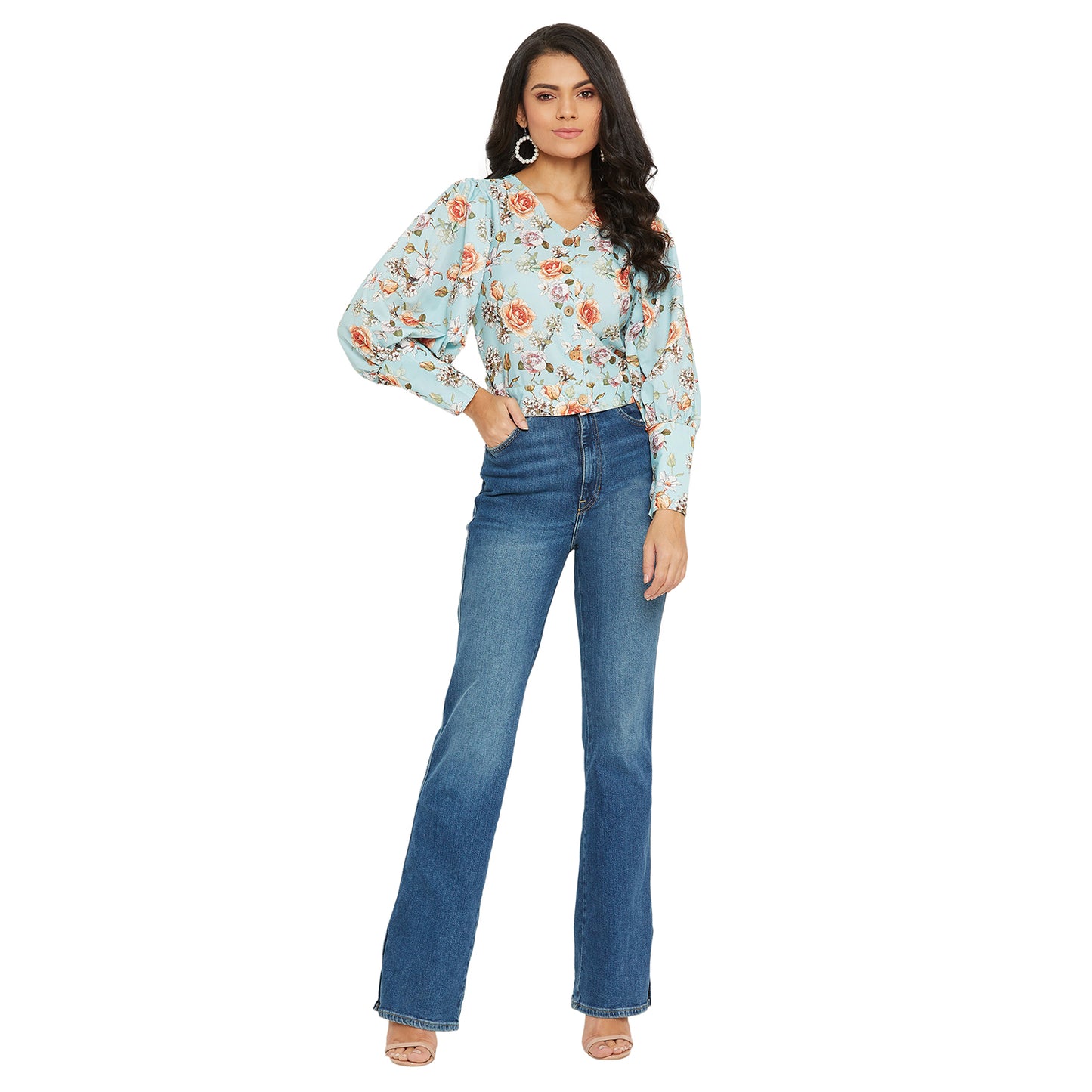 Ice Blue Floral Printed Top With Puff Sleeve