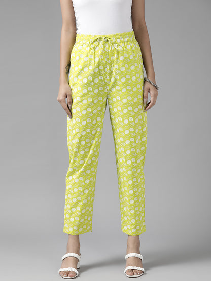 Women Lime green and white woven trousers