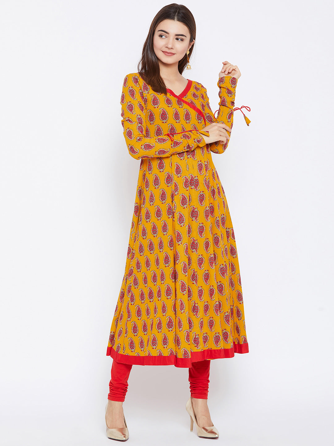 Women's Yellow And Red Color Paisley Printed Anarkali Ankle Length Kurta