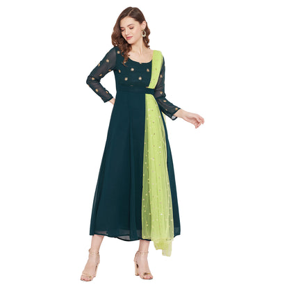 Women Green Embellished Maxi Dress With Dupatta