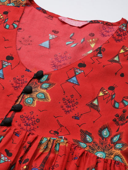 PANIT Women Red  Black Tribal Printed V-Neck Pleated Kurti