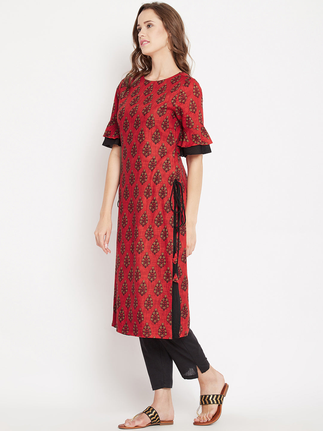 Women's Red Ethnic Motif Printed Mid Length Layed Kurta