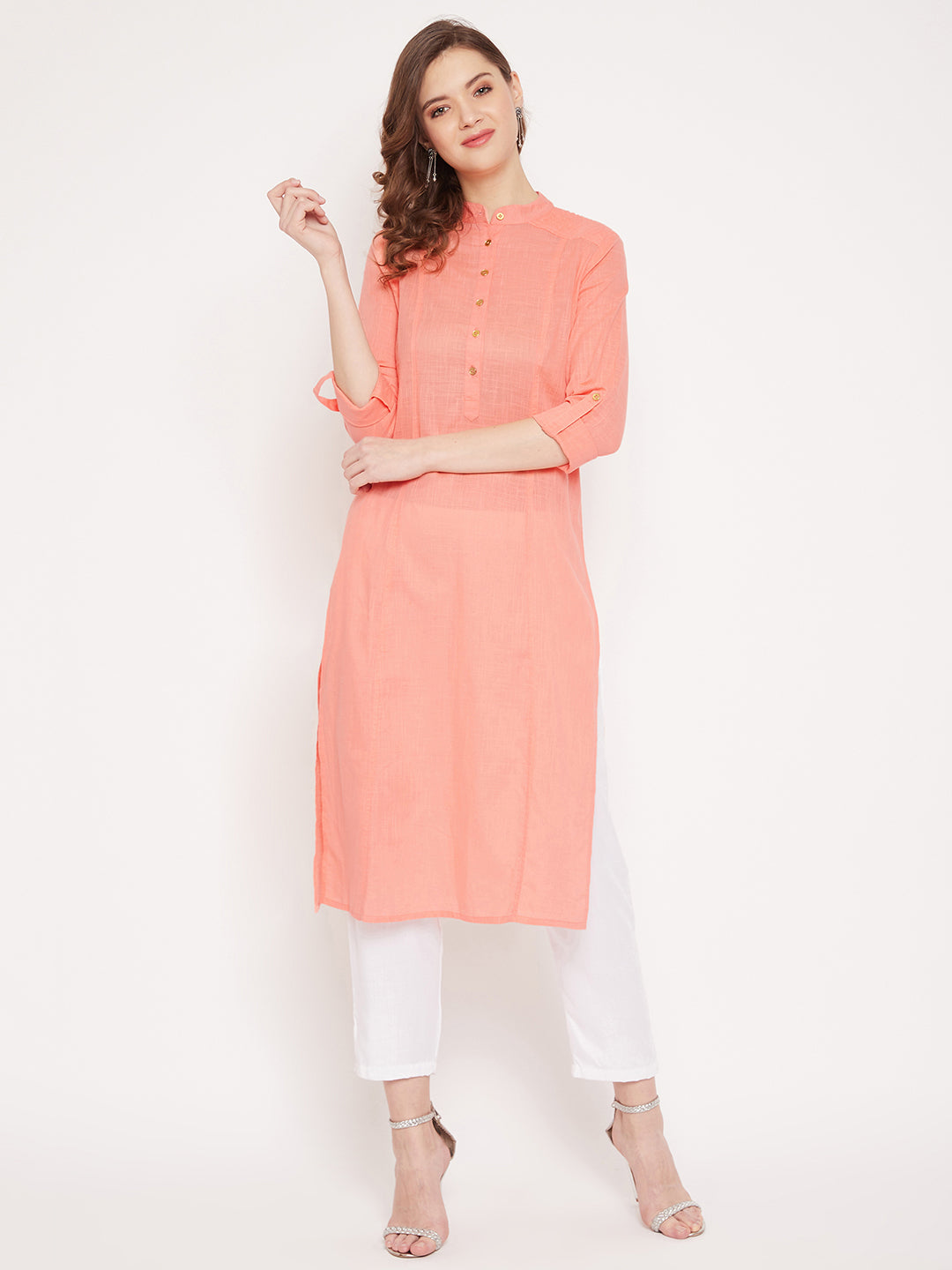 Women peach pin tuck solid kurta