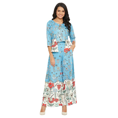 Women Ice Blue Printed Top With Inner and  Palazzos