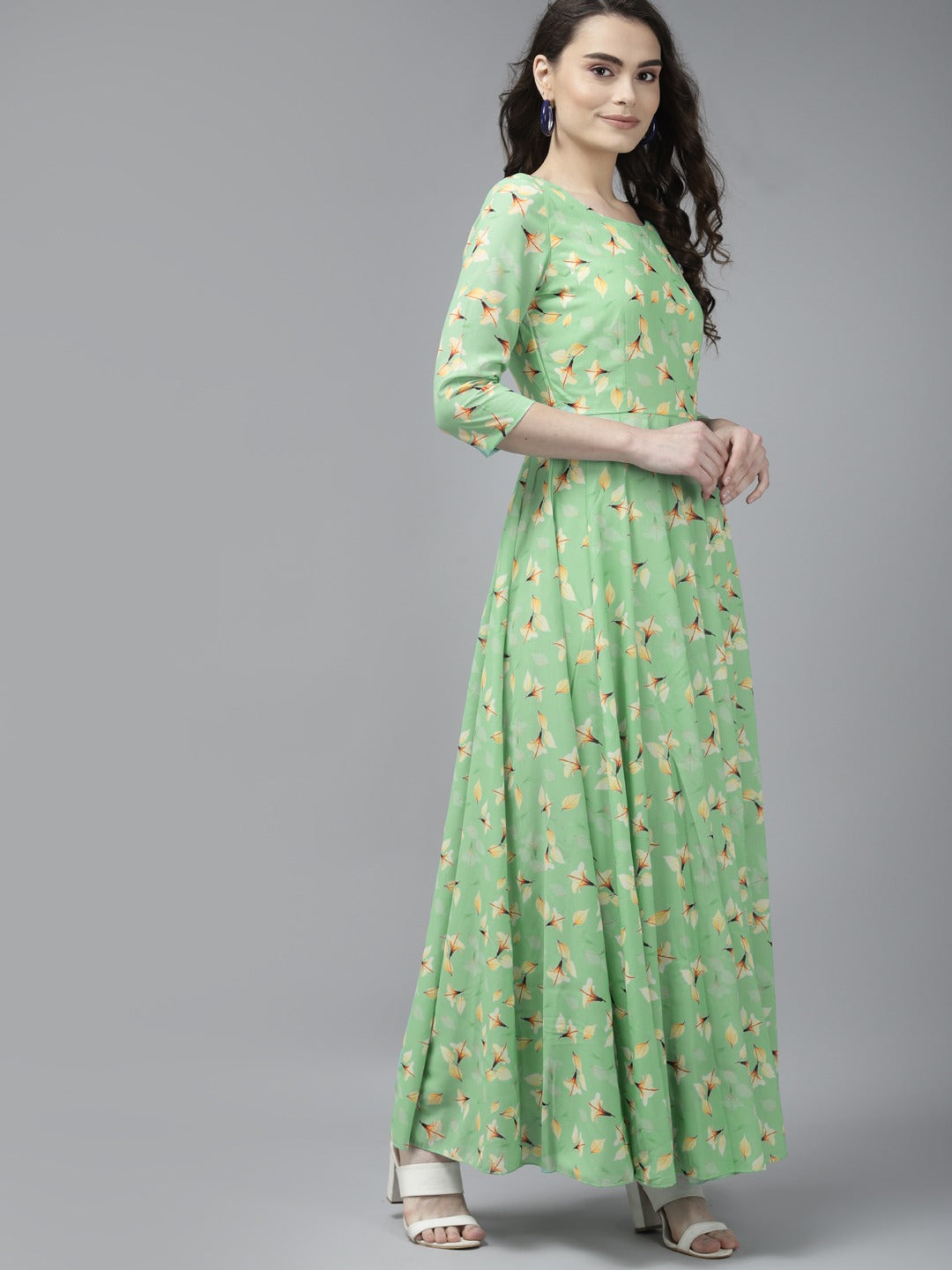 Green & Yellow Floral Georgette Maxi Dress