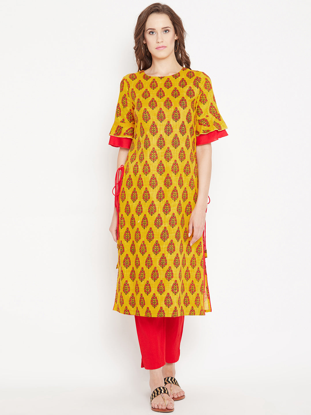 Women's Yellow Ethnic Motif Printed Mid Length Layed Kurta