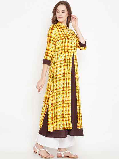 Women's Yellow And Brown Based Shibori Printed Mid Length Layered Kurta