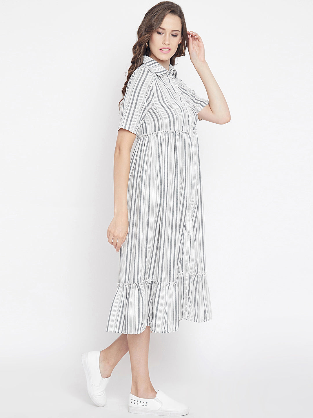 Women's Ivory grey strip weaved Flare Shirt Dress