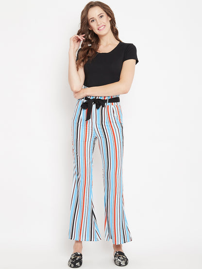 Women's white multicolour stripes print high waist bootcut trouser