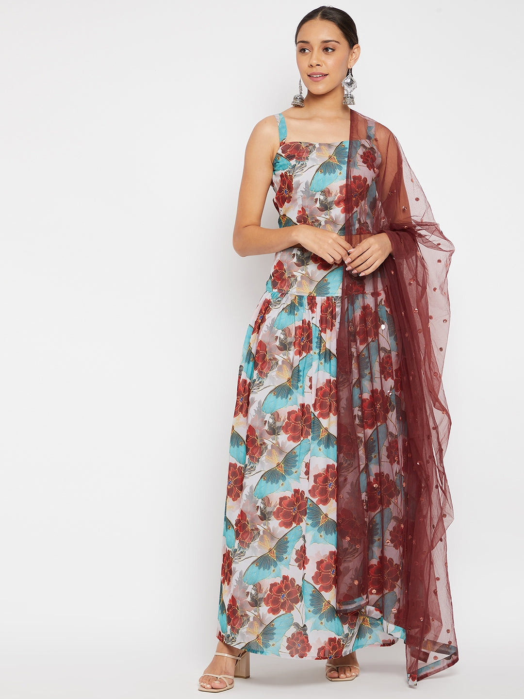 Women Blue Floral Printed Regular Top with Skirt & With Dupatta