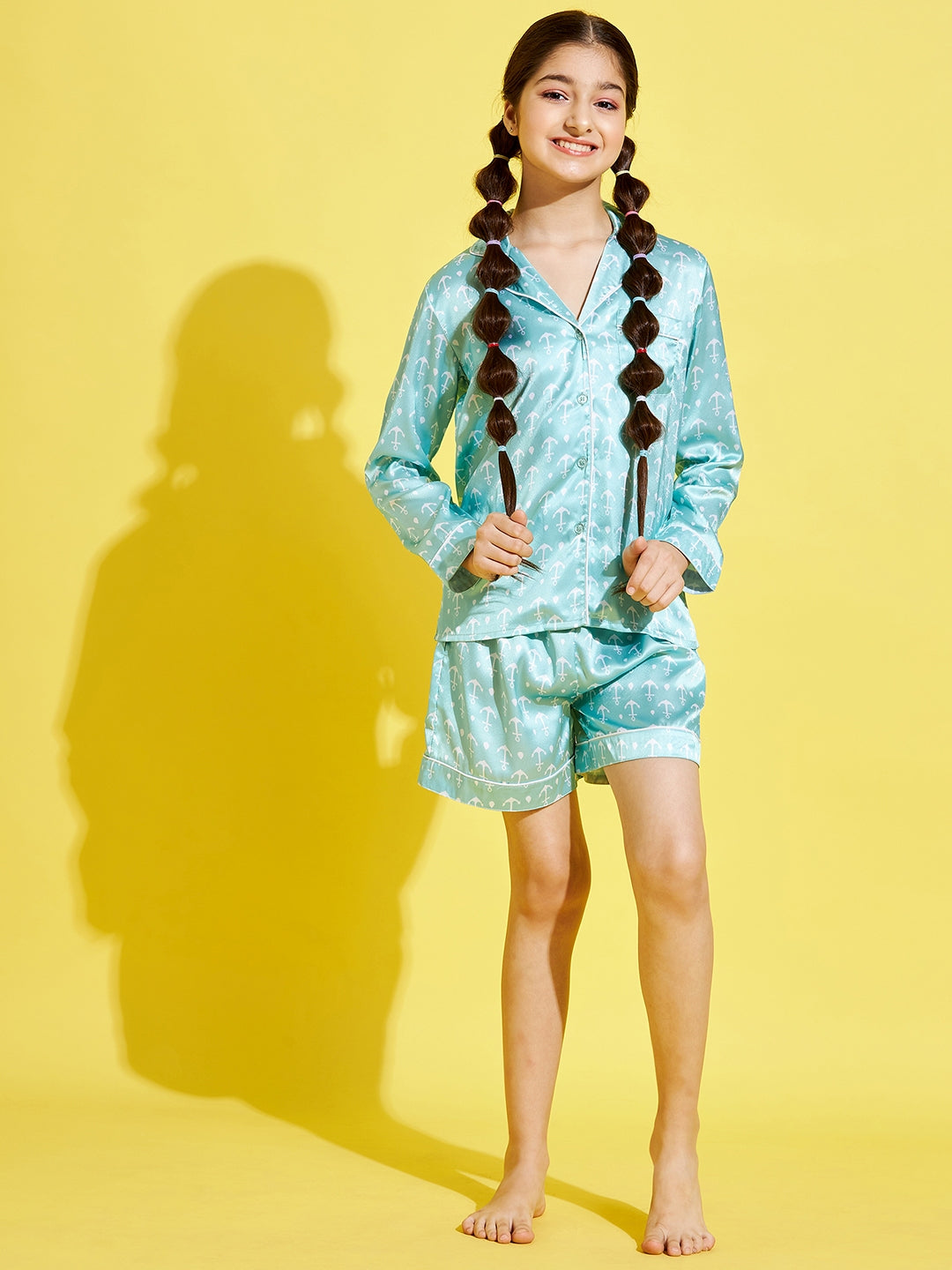 Cherry Jerry Girls Turquoise Blue White Printed Nightsuit