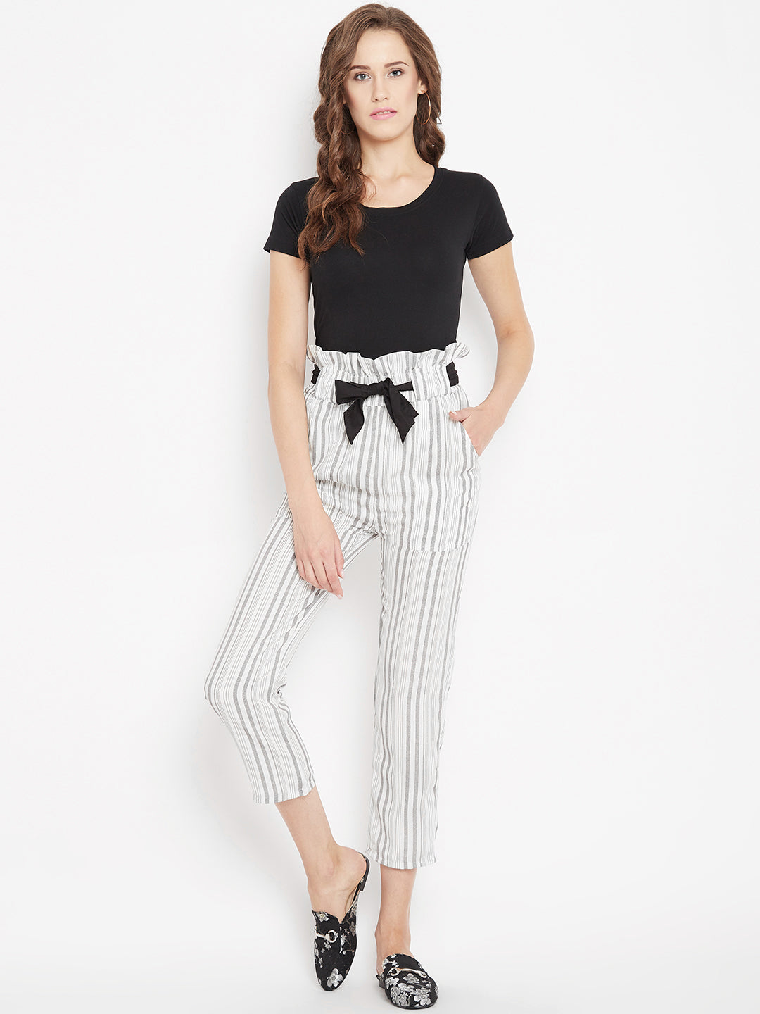 Women's ivory grey stripes high waist trouser
