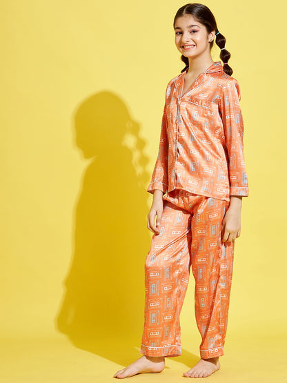 Cherry Jerry Girls Orange White Printed Night suit