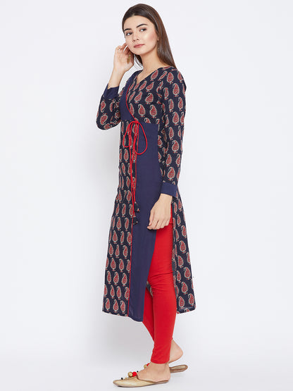 Women's Navy Blue And Red Color Paisely Printed Streight Fit Angrakha Kurta