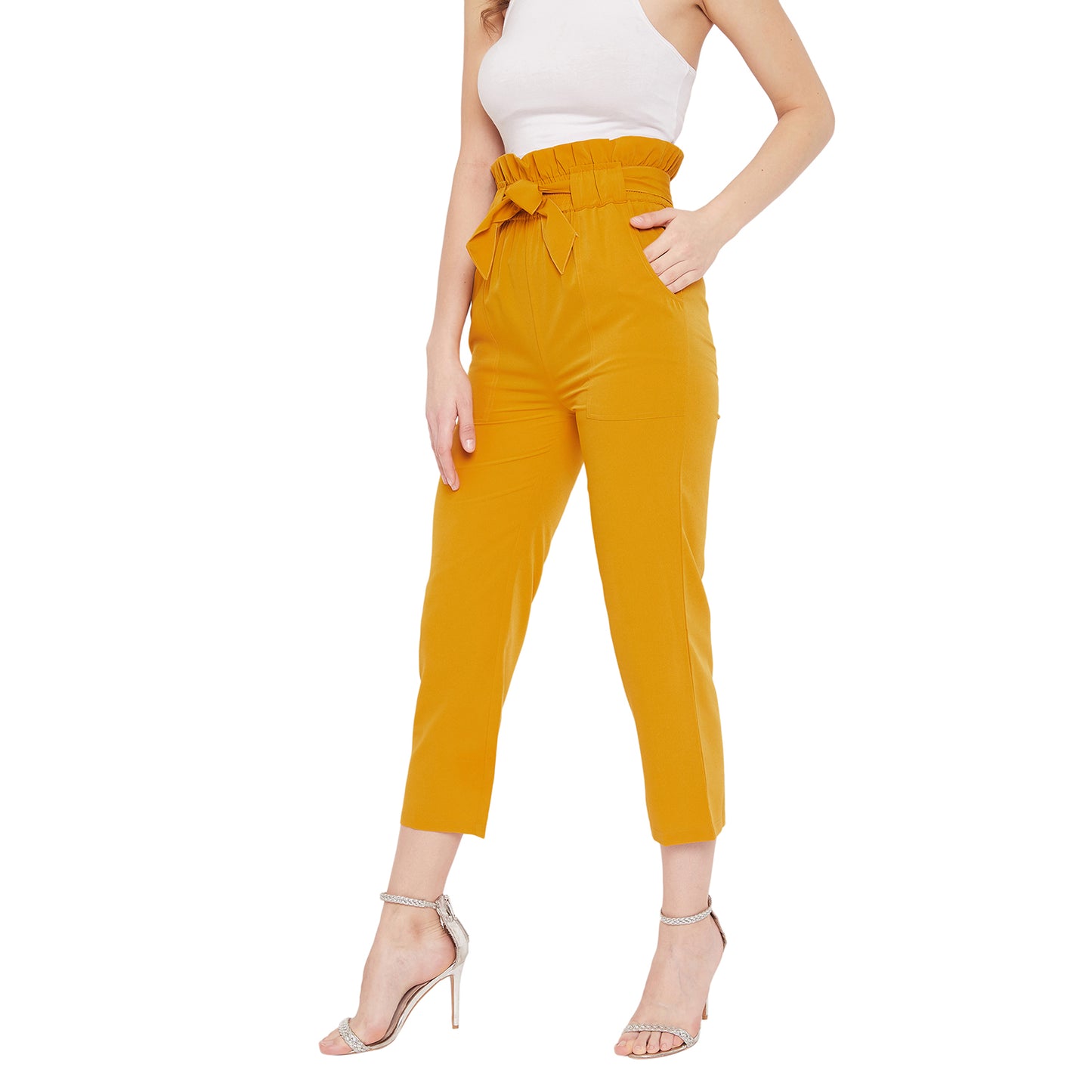 Wome Mustard Solid Crepe Cigarette Trouser