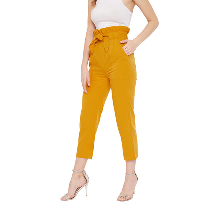 Wome Mustard Solid Crepe Cigarette Trouser