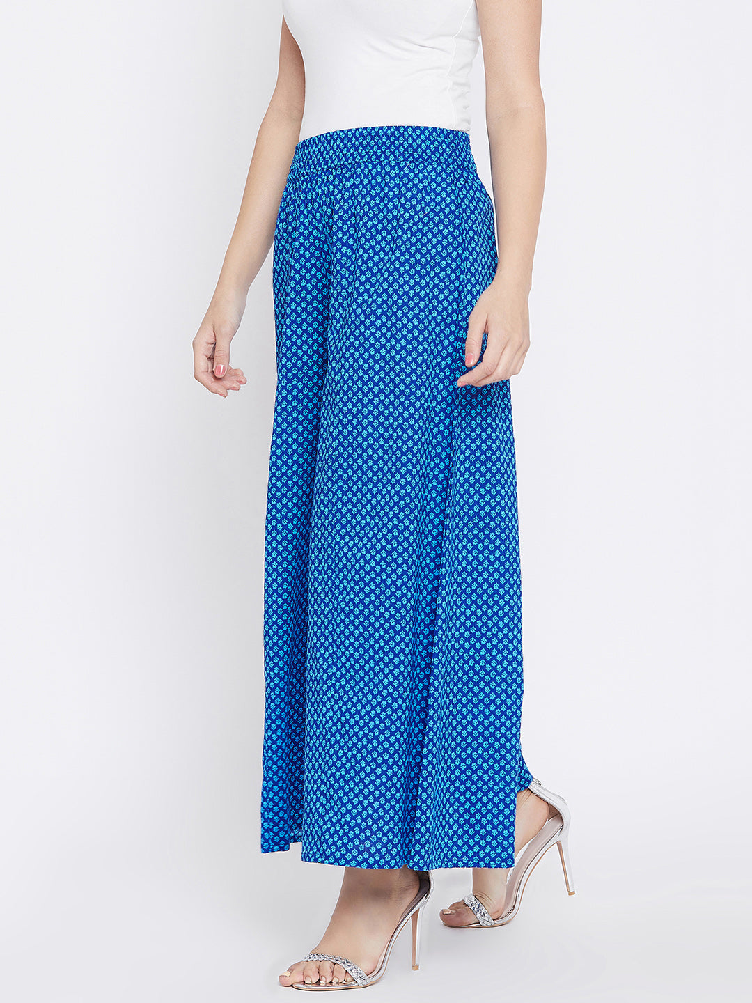 Women Blue Printed Flared Palazzos