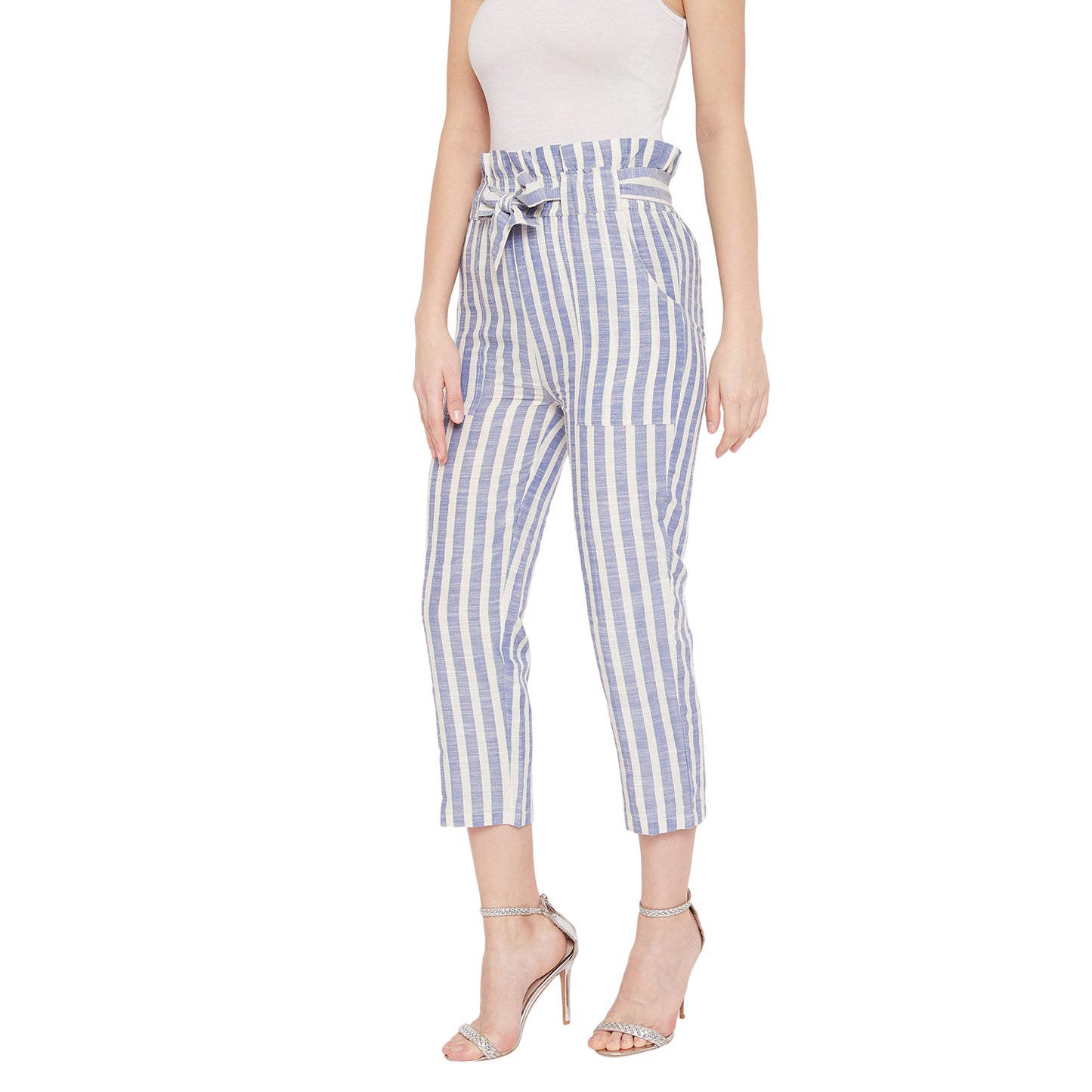 Women White and Blue Stripe Cigarette Trouser