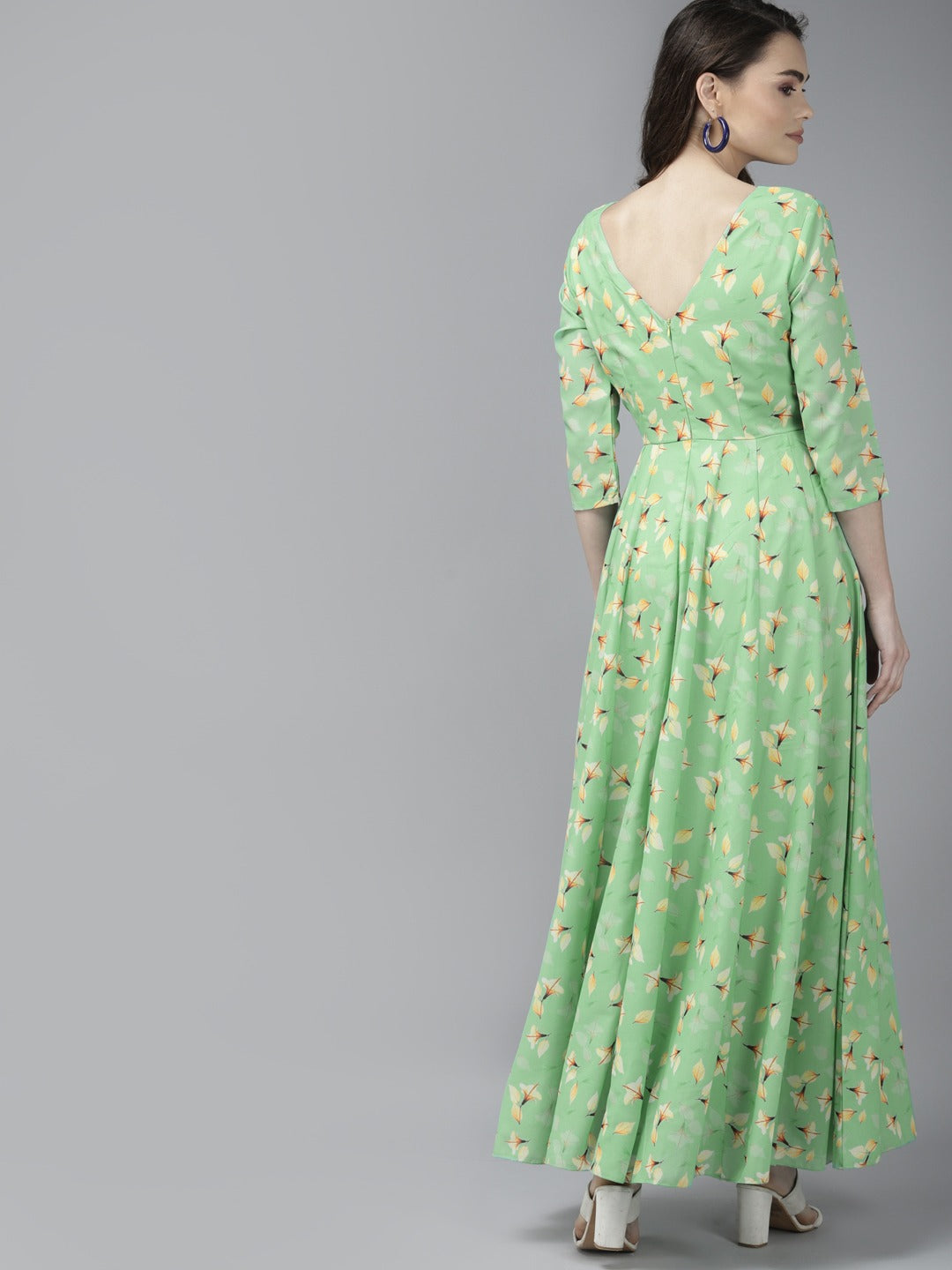 Green & Yellow Floral Georgette Maxi Dress