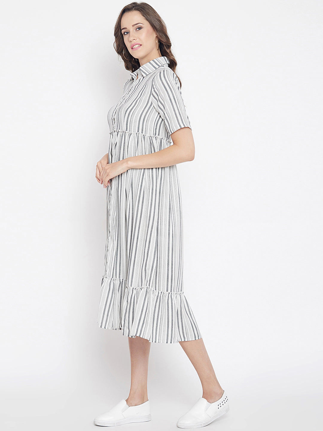 Women's Ivory grey strip weaved Flare Shirt Dress