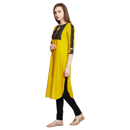 Mustard Color Kurta With Checkered Yoke