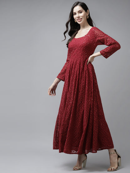 PANIT Women Red Ethnic Motifs Embroidered Ethnic Maxi Dress