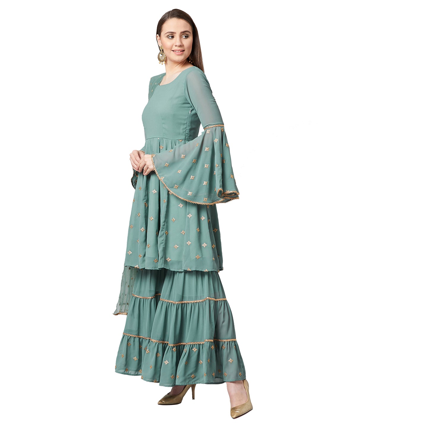 Women Sea Green & Gold Self Design Kurta with Sharara & Dupatta