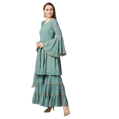 Women Sea Green & Gold Self Design Kurta with Sharara & Dupatta