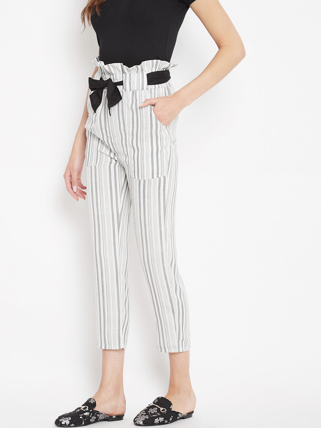 Women's ivory grey stripes high waist trouser